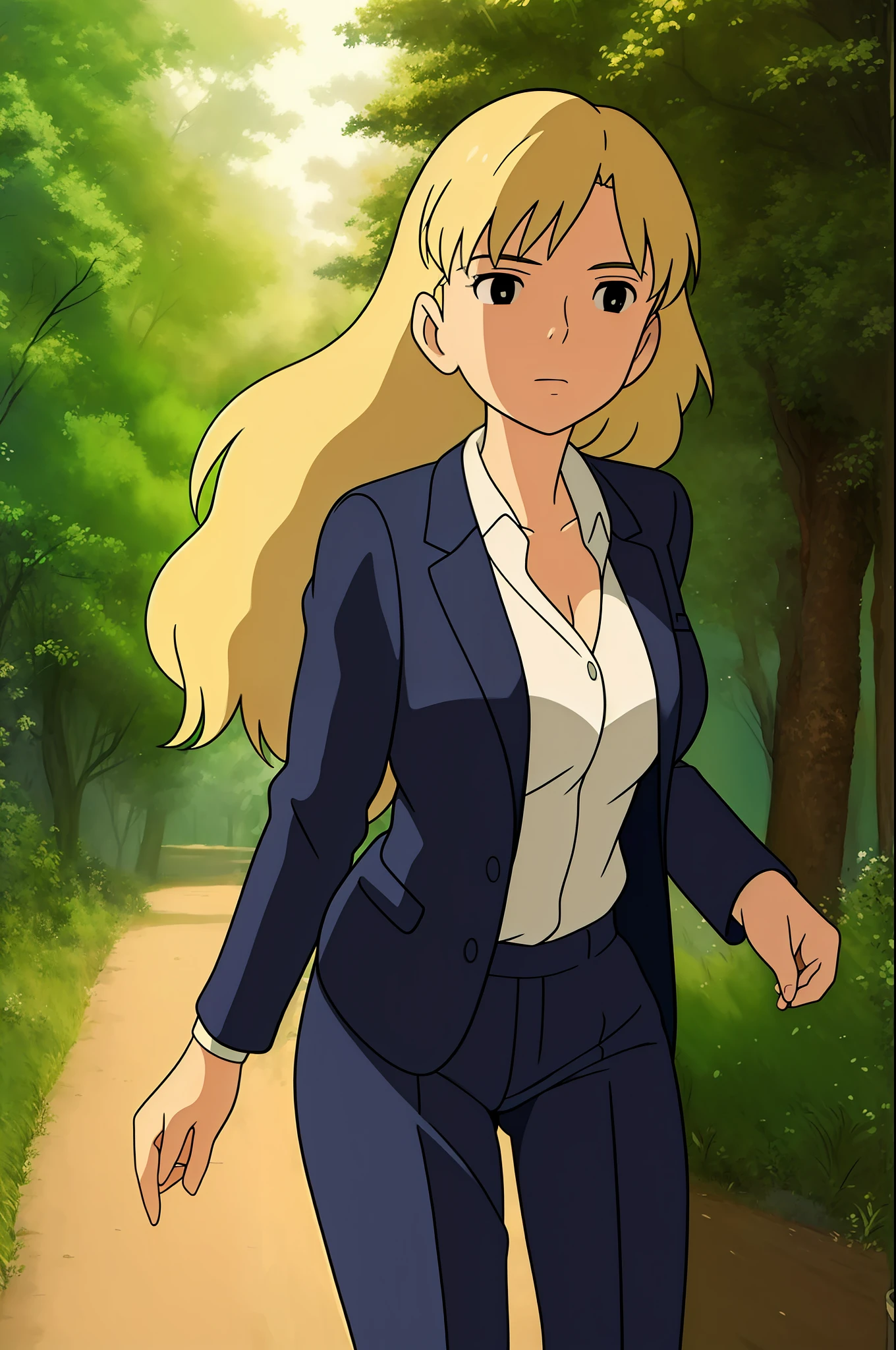 ((best quality)), ((masterpiece)), (detailed),
1girl, suit, forest, cleavage, dynamic shot, miyazaki hayao