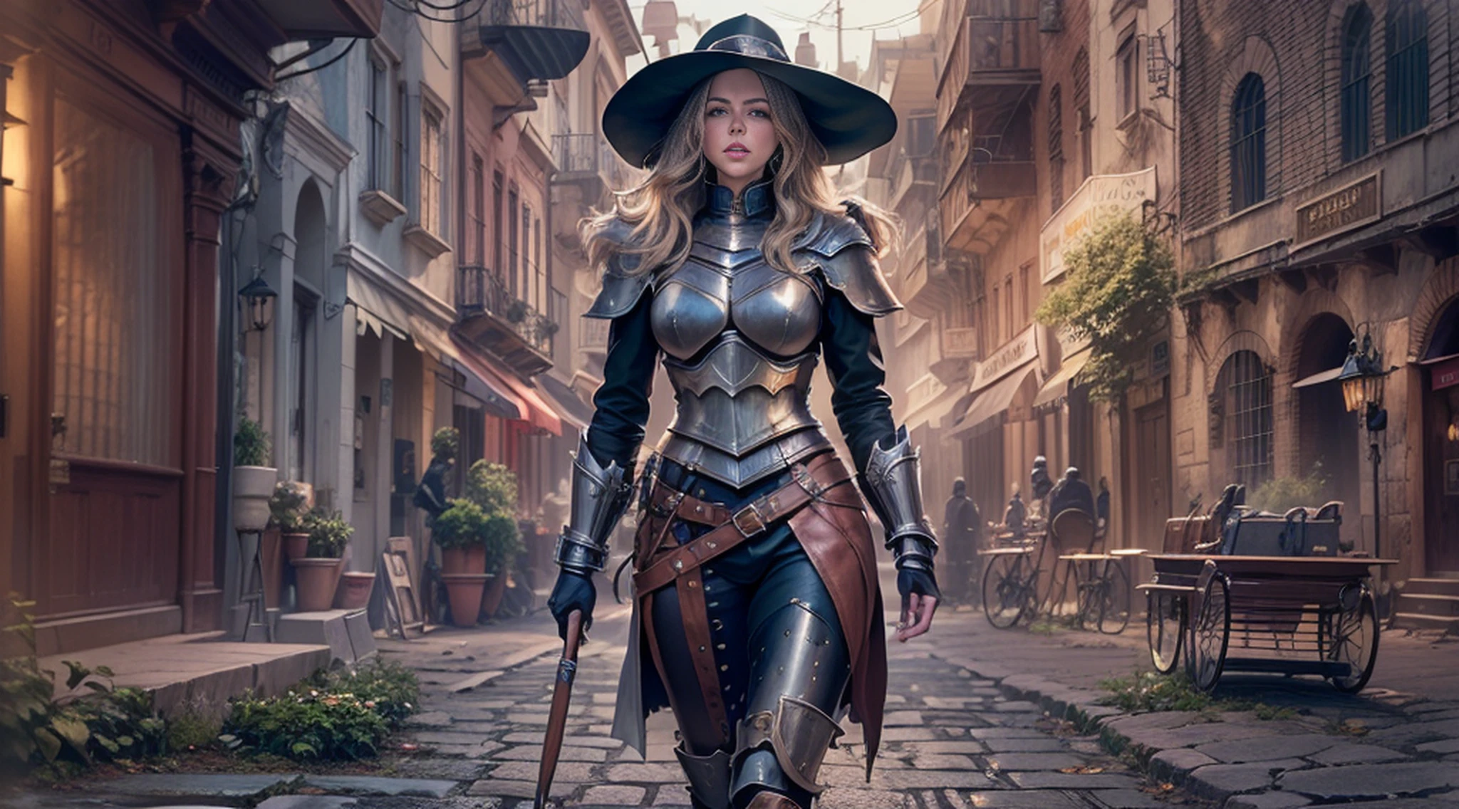 1 female full body, ((Kate Beckinsale)), in a witch hunter style outfit, [Tauromaquia: 1.8], roupas steampunk vitorianas, (((leather breastplate))), ((quadro de filme ainda) ) , a steampunk city in the background Cinematic, textura natural da pele, 24 mm, Texturas 4k, soft Cinematic Light, Adobe Lightroom, photolab, HDR, intrincado, elegante, altamente detalhado, foco nítido, (( (((cinematic look)) ), tons suaves, detalhes insanos, detalhes intrincados, hiper-detalhado, baixo contraste, soft Cinematic Light, cores escuras, exposure blending, HDR, desbotado, slate atmosphere --auto