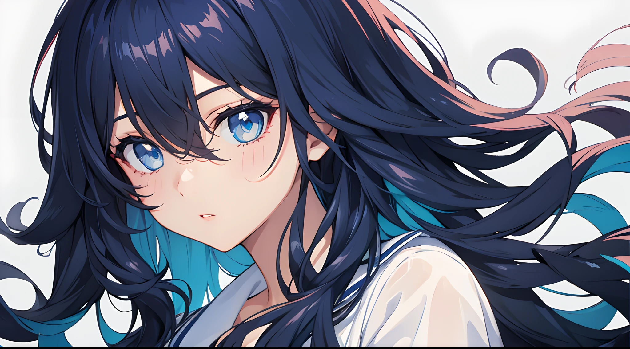 (tmasterpiece), (beste-Qualit), (overdetalization),(messy hair),(illustartion), (a 1girl), (trendy clothes), stands, Model, looks at the viewer, (interview), (Simple background), beautiful detail eyes, Gentle beautiful face, soaring, (high saturation), (Colorful splashes), Colorful Bubble, (radiance), facial focus, (radiance), better lighting, better shadow, (tmasterpiece, hiquality, beste-Qualit), 1girl, Medium curly hair, loose hair, navy blue hair, Front two curly strands, Bangs, blue eyes,