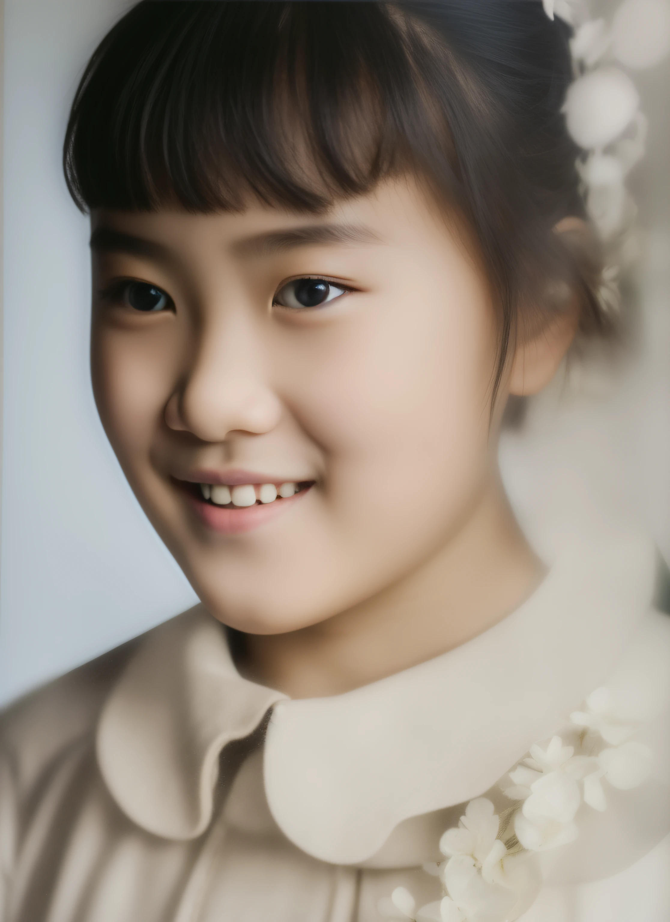 Portrait of a Chinese girl,With a smile,Lovely face,hair natural,Wears a large white flower on his head,He was wearing white clothes