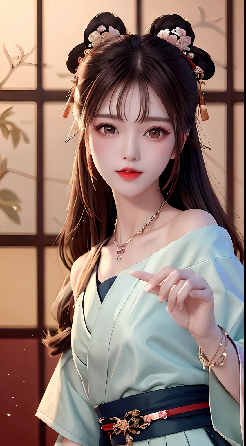 JK girl, girl wearing Japanese girls' school uniform, 8K, very high image quality, film texture, realistic, eating Japanese food, Japanese background, depth of field, tatami room, warm lighting, bow on chest, bangs, long hair over the shoulder, (playful eyes), double eyelids, deepening of the tail of the eyes, lying silkworm, bracelet on the wrist, scarlet lips, sparkling lips with texture, fine skin texture, brown sparkling pupils, (((eyes looking at the camera)))), slender fingers, ((round face)), ( ((small lips)))
