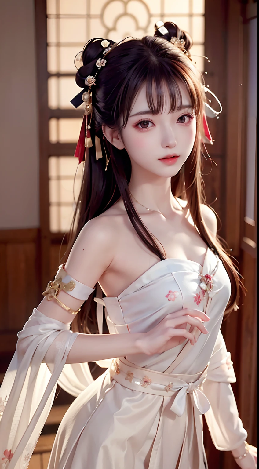 JK Maiden,A girl wearing a white Japanese girls' school uniform,8K,Extremely high image quality,Cinematic film texture,photorealestic,Eating Japanese food,Nikkei background,depth of fields,tatami room,Warm lighting,Bow on chest,Qi bangs,Long hair that falls over the shoulder,(Playful eyes),二重まぶた,Deepening of the tail of the eyes,Lying silkworm,Wear a bracelet on your wrist,Scarlet lips,The lips are shiny and textured,Fine skin texture,Brown sparkling pupils,((((Keep your eyes on the camera)))),delicate finger,((with a round face)),(((Small lips)))