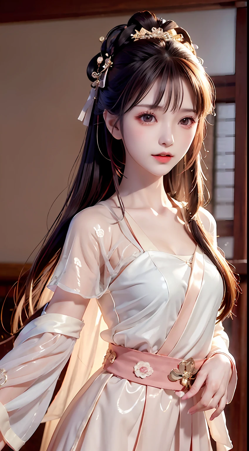 JK Maiden，A girl wearing a white Japanese girls' school uniform，8K，Extremely high image quality，Cinematic film texture，photorealestic，Eating Japanese food，Nikkei background，depth of fields，tatami room，Warm lighting，Bow on chest，Qi bangs，Long hair that falls over the shoulder，(Playful eyes)，二重まぶた，Deepening of the tail of the eyes，Lying silkworm，Wear a bracelet on your wrist，Scarlet lips，The lips are shiny and textured，Fine skin texture，Brown sparkling pupils，((((Keep your eyes on the camera))))，delicate finger，((with a round face))，(((Small lips)))