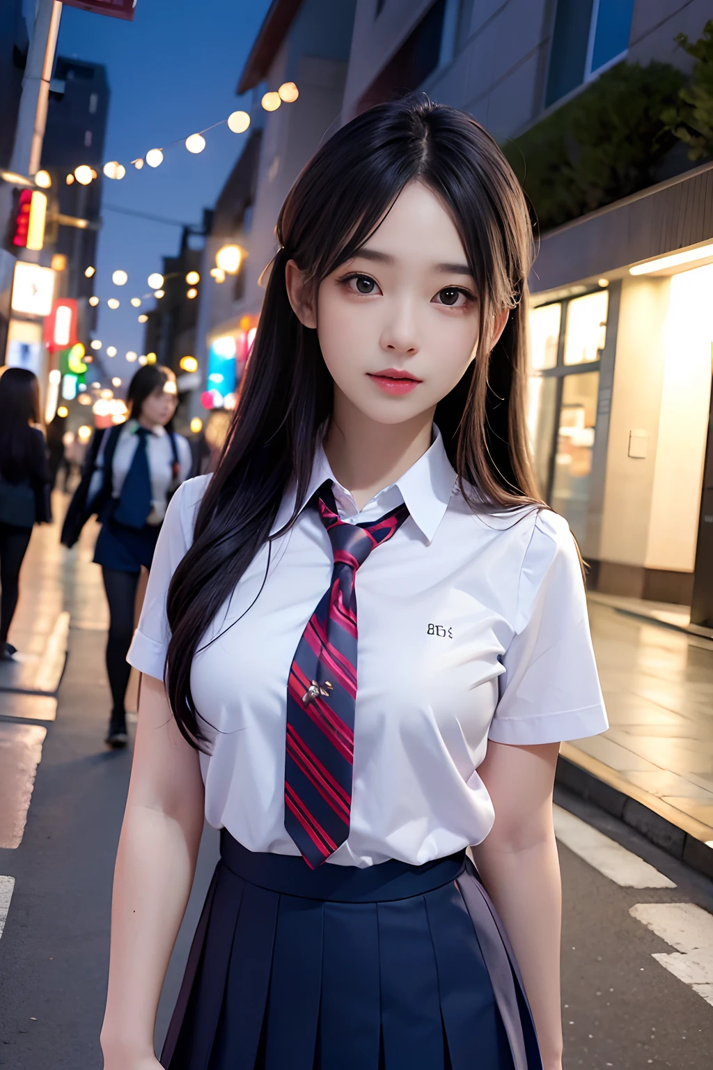 masutepiece, Hyper realistic, 8K, Bokeh, Fire Luminescent,hi-school girl、in school uniform、Cute face、Standing on a street corner in Shibuya、