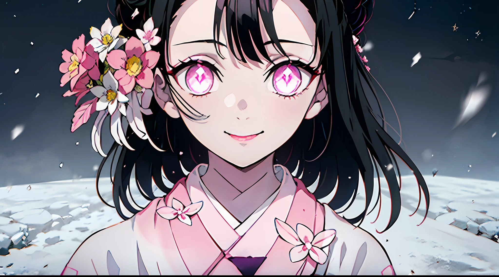 Kimetsu no Yaiba style, 1girl, 独奏, Smile, pink eyes, white pupils in the shape of flowers, black  hair, hair gathered in a bun, Fastened with a stud,  pink kimono, Obi Belt,   ((portraite of a)), snowing, Drifts, dark sky, Snowflakes fall, (tmasterpiece), (beste-Qualit), (overdetalization),(messy  hair),(illustartion), (a 1girl), (trendy clothes), stands, Model, looks at the viewer, (interview), (Simple background), beautiful detail eyes, Gentle beautiful face, soaring, (high saturation), (Colorful splashes), Colorful Bubble, (radiance), facial focus, (radiance), better lighting, better shadow, (tmasterpiece, hiquality, beste-Qualit), 8k wall paper, super detaill,