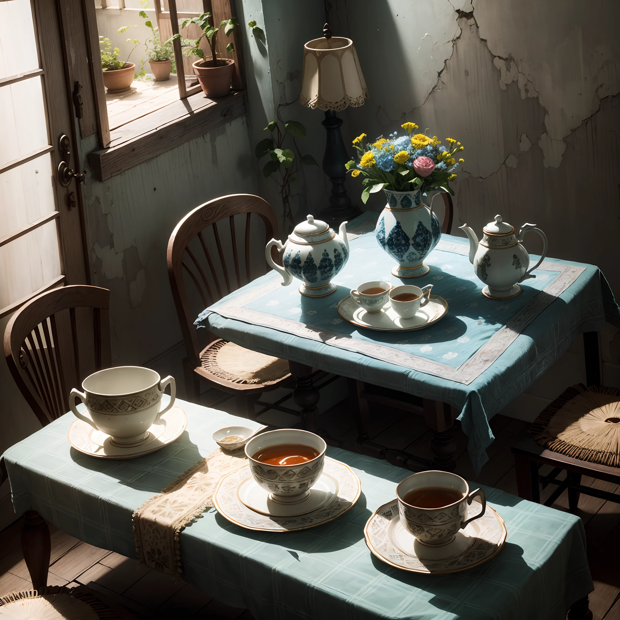 Dilapidated and shady houses,square table,Covered with patterned tablecloths,Delicate ceramic mugs with bright colors, Ceramic bowl, Ceramic bottle on the table,A few bouquets of flowers,Vivid and beautiful,Sunlight shining on the table from outside the house,particle fx,Exquisitely,the detail,