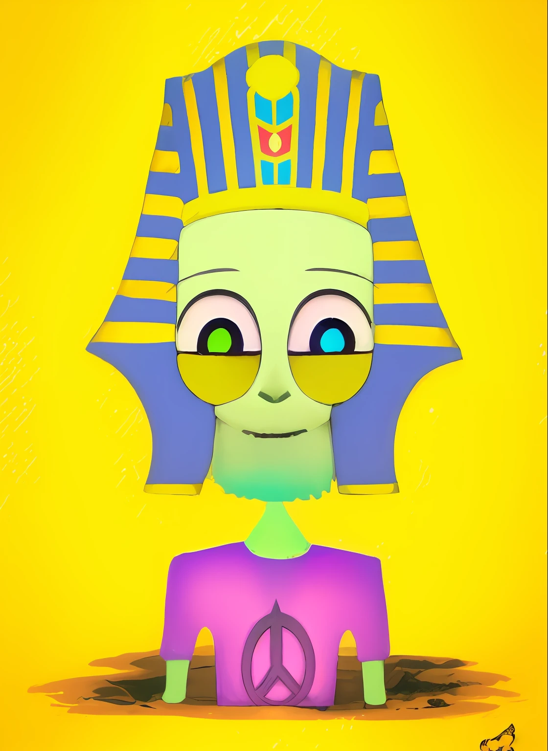 desenho animado de um alienigena , desenho animado, com uma camiseta com o sinal de paz, Pharaoh's hat, Egito Deus, Fantasy in Pharaoh's Head, Nefertiti, , pharaon, ancient alien, egypt themed art.