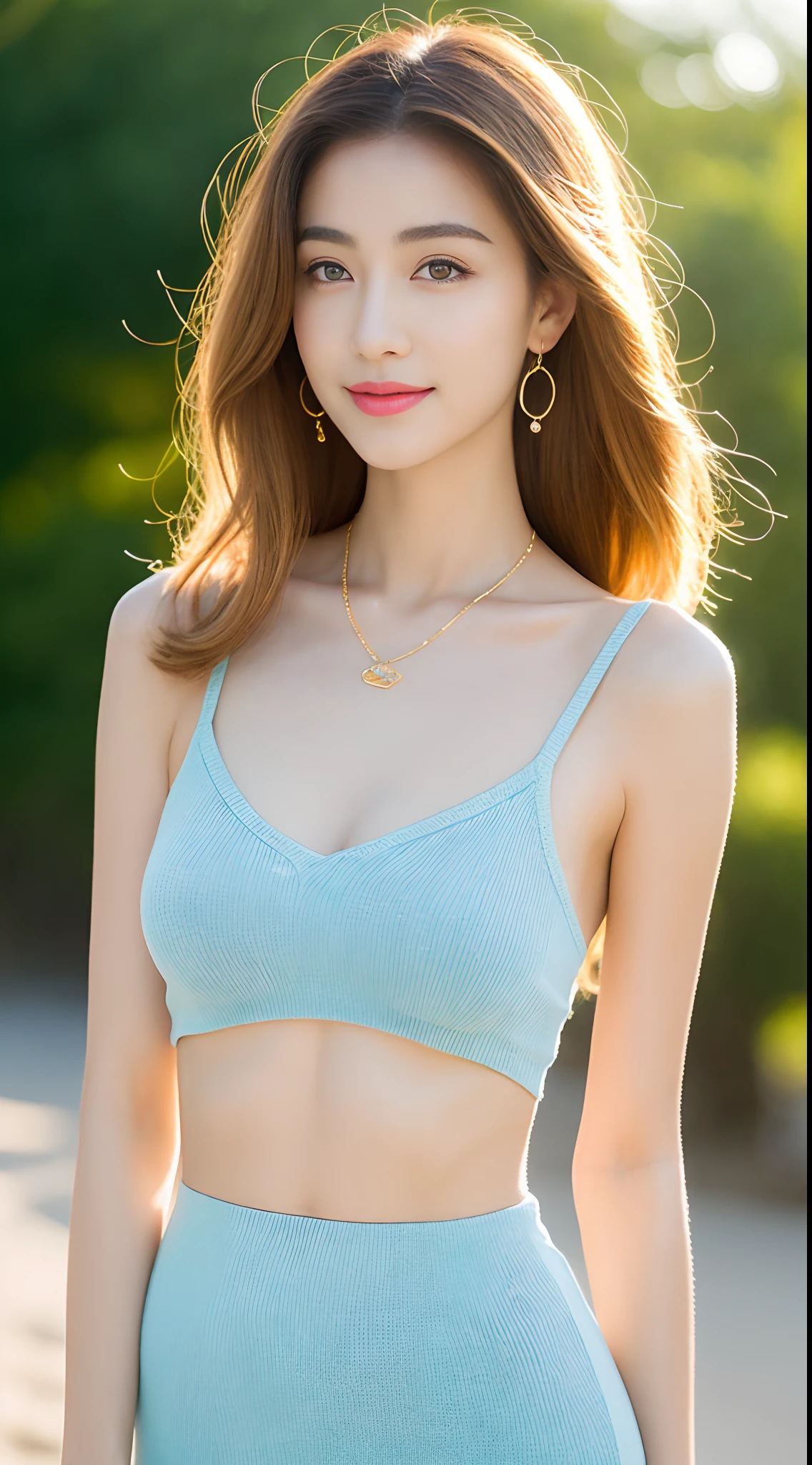 (RAW shooting, Photoreal:1.5, 8k, highest quality, masterpiece, ultra high resolution), perfect dynamic composition:1.2, Highly detailed skin and facial textures:1.2,beautiful and aesthetic:1.2,full body, Fair skin, (large breast:1.4, Chest gap:1.4),(1girl,caucasian,makeup,earrings,necklace,denim shorts,yellow top,very short blond hair,navel,belt,black fingerless gloves,sneakers,thigh holster,handgun),(simple background:1),