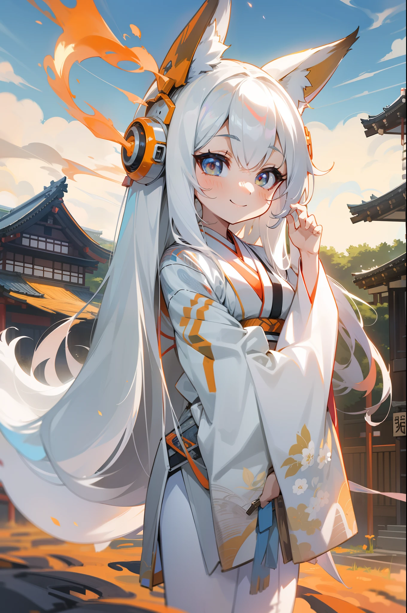 fox ears, white futuristic kimono, 1girl, shoulder, smirk, fire, ((futuristic countryside in japan)), volumetric light, 8k, colorful, long hair, ((chibi))