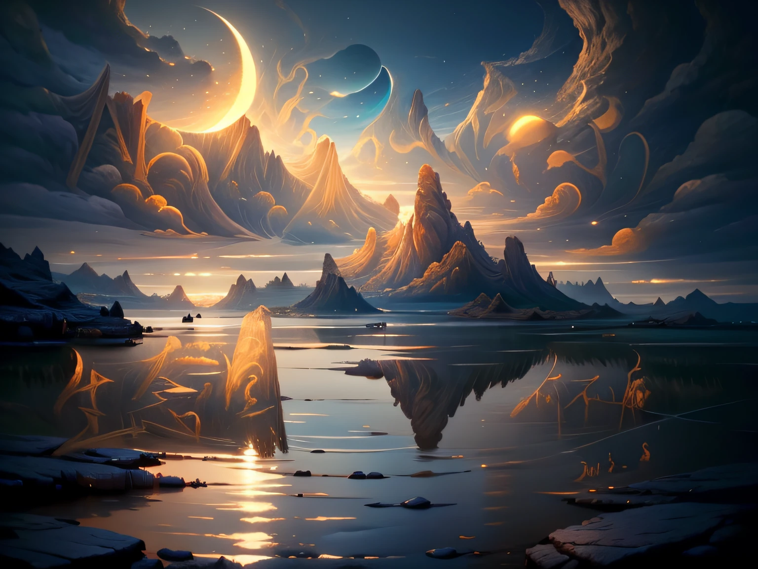 mountains and a lake with a moon in the sky, 4k highly detailed digital art, 4 k hd wallpaper very detailed, impressive fantasy landscape, sci-fi fantasy desktop wallpaper, unreal engine 4k wallpaper, 4k detailed digital art, sci-fi fantasy wallpaper, epic dreamlike fantasy landscape, 4k hd matte digital painting, 8k stunning artwork
