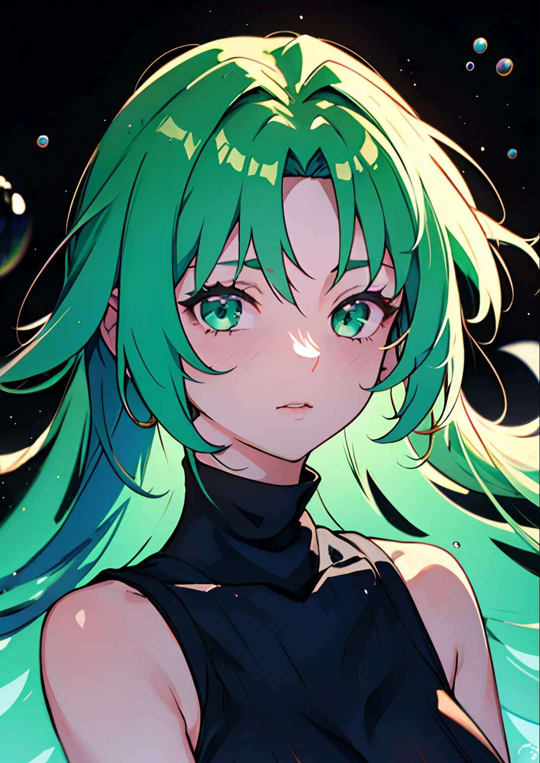 1girl, floting hair, green hair, (Long hair), Green eyes, sleeveless turtleneck, jewelries,  sweater, (tmasterpiece), (beste-Qualit), (overdetalization),(messy  hair),(illustartion), (a 1girl), (trendy clothes), stands, Model, looks at the viewer, (interview), (Simple background), beautiful detail eyes, Gentle beautiful face, soaring, (high saturation), (Colorful splashes), Colorful Bubble, (radiance), facial focus, (radiance), better lighting, better shadow, (tmasterpiece, hiquality, beste-Qualit)