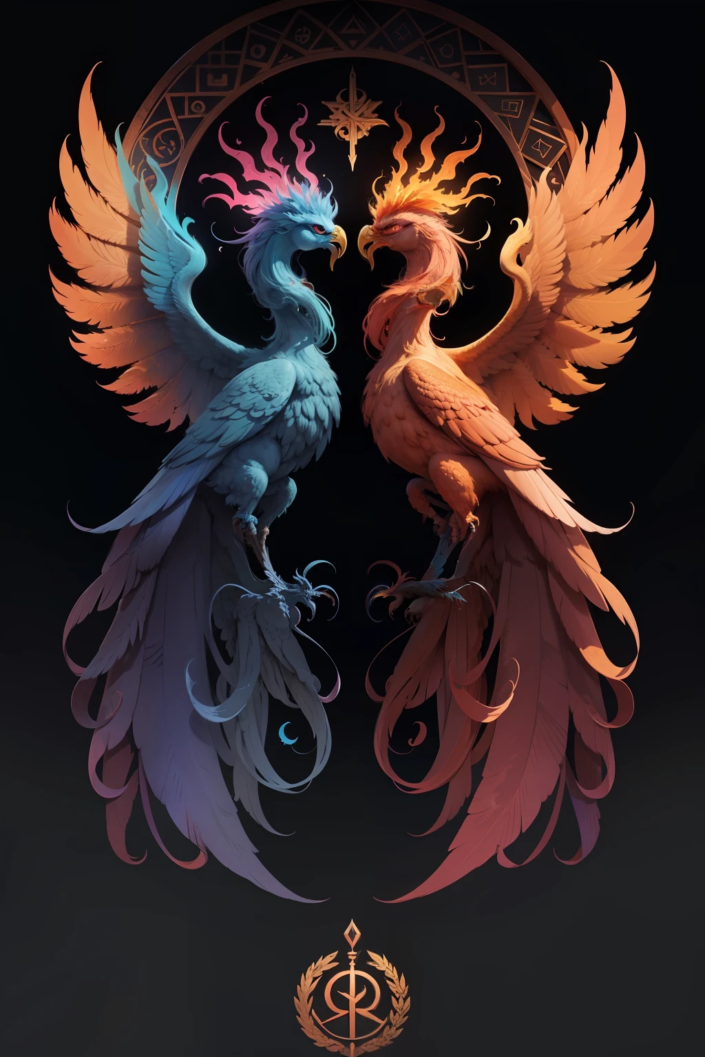 a two-headed phoenix bird with symbols of esotericism, cores e tons escuros, a ave colorida e fundo dark, olhando de frente