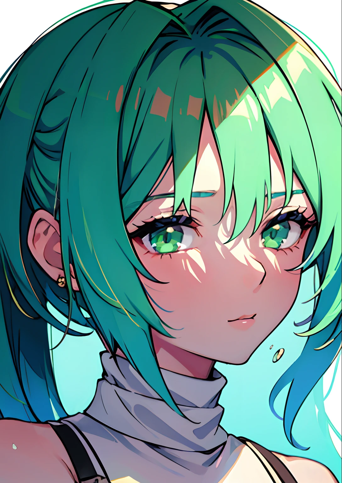 1girl, floting hair, green hair, (Long hair), Green eyes, sleeveless turtleneck, jewelries,  sweater, (tmasterpiece), (beste-Qualit), (overdetalization),(messy  hair),(illustartion), (a 1girl), (trendy clothes), stands, Model, looks at the viewer, (interview), (Simple background), beautiful detail eyes, Gentle beautiful face, soaring, (high saturation), (Colorful splashes), Colorful Bubble, (radiance), facial focus, (radiance), better lighting, better shadow, (tmasterpiece, hiquality, beste-Qualit)