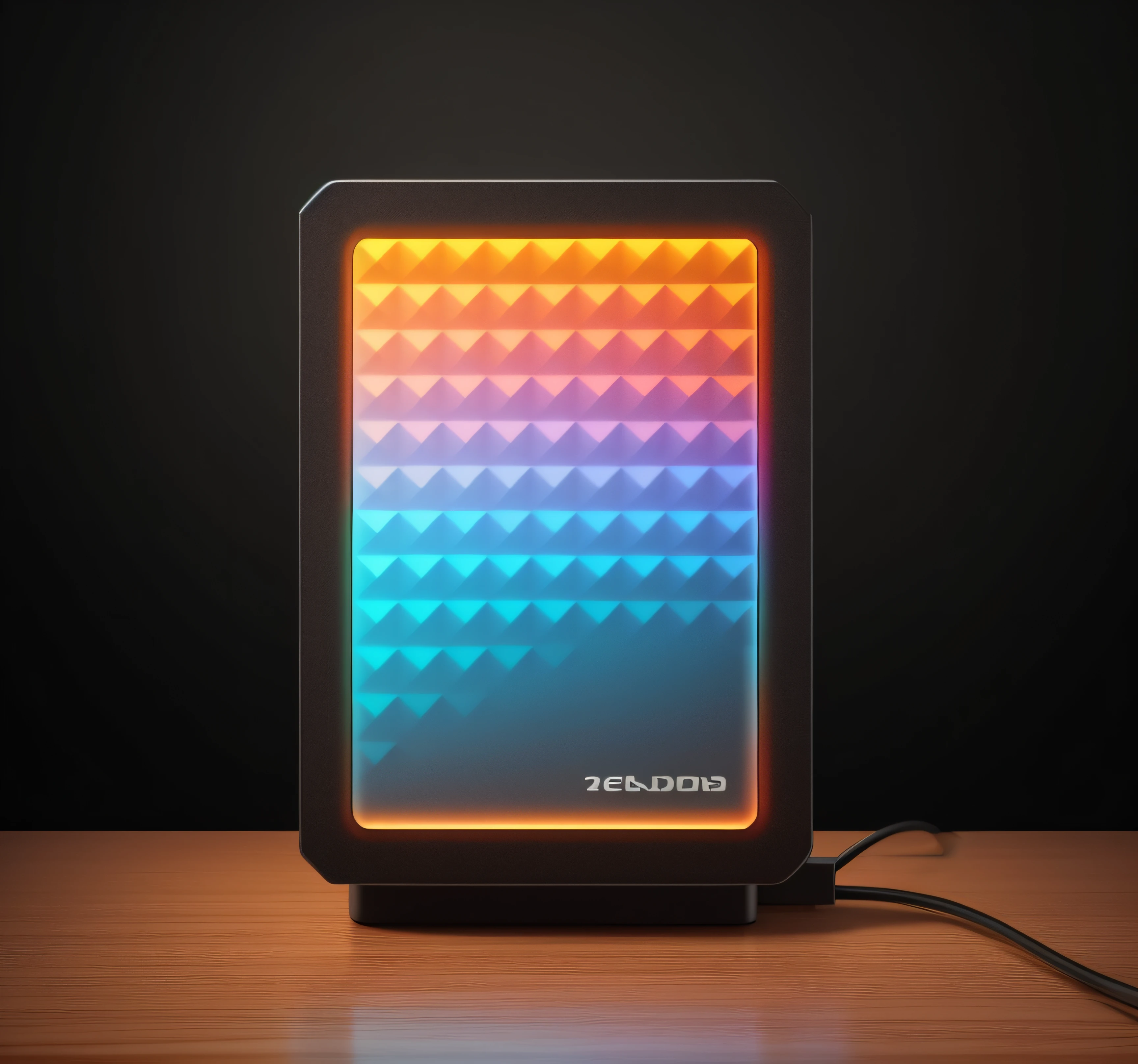 An external hard drive on the smooth-textured wooden office desk in a computer room. The picture is clear (Sharp: 0.7) and displays a colorful explosion of psychedelic paints (cores: 1.21), With incredible detail. Na mesa, Accessories include the Nikon D850 with Kodak Portra 400 photo film and f1 lenses.6, garantindo cores ricas e textura realista. Lighting is dramatic, and all around are the computer, enquanto, teclado e cabo USB.