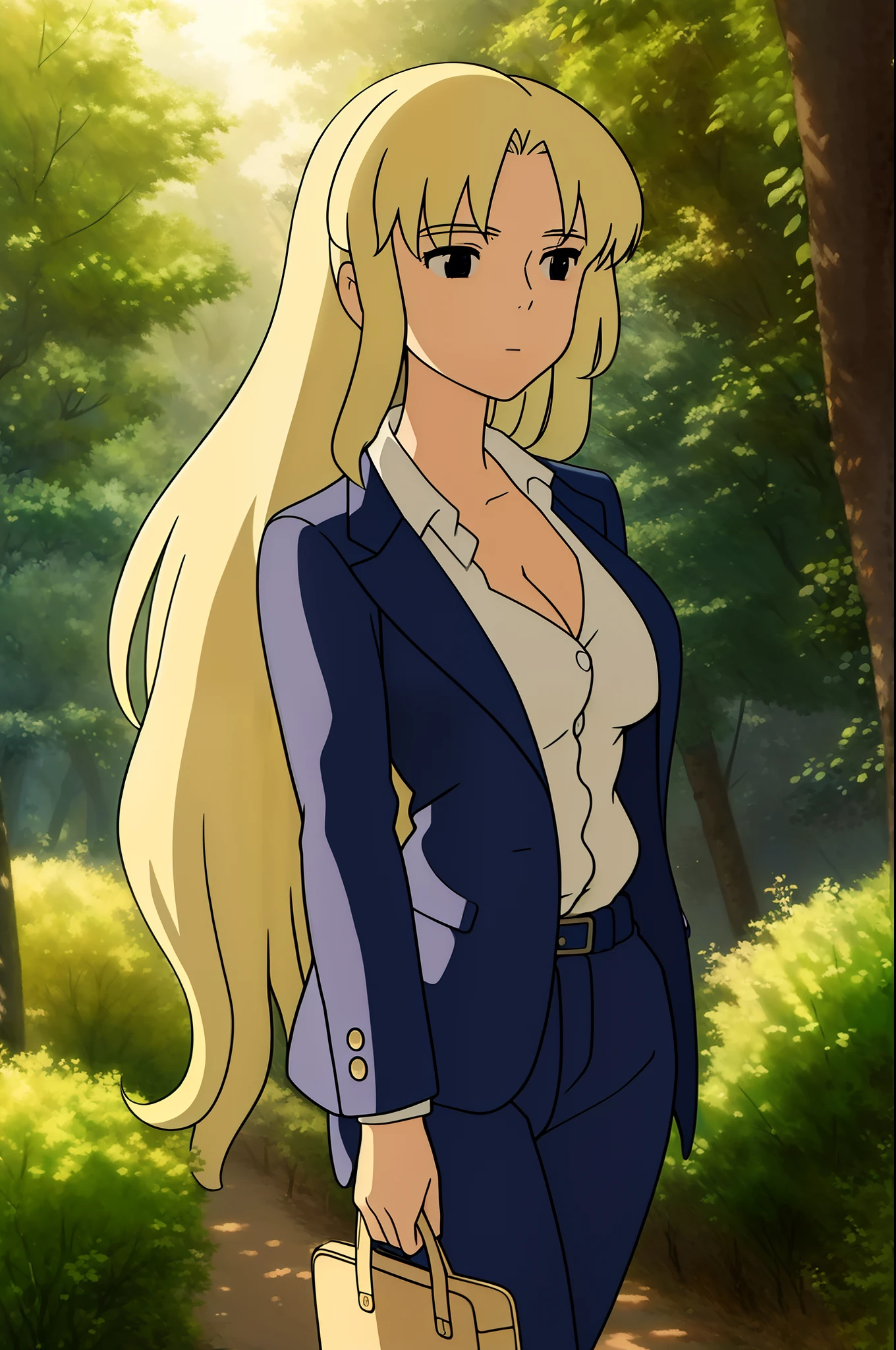 ((best quality)), ((masterpiece)), (detailed), 
1girl, pixel-Shion, suit, forest, cleavage, dynamic shot, miyazaki hayao