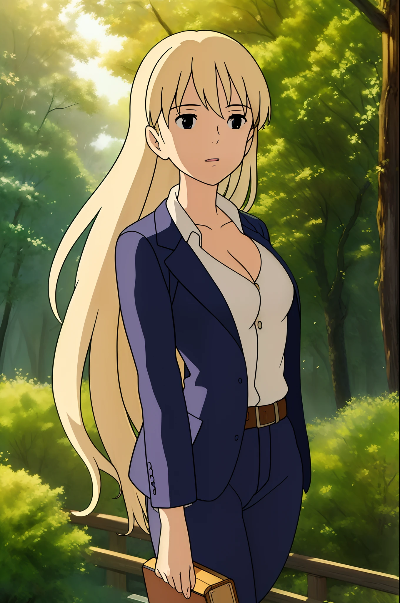 ((best quality)), ((masterpiece)), (detailed),
1girl, pixel-Shion, suit, forest, cleavage, dynamic shot, miyazaki hayao