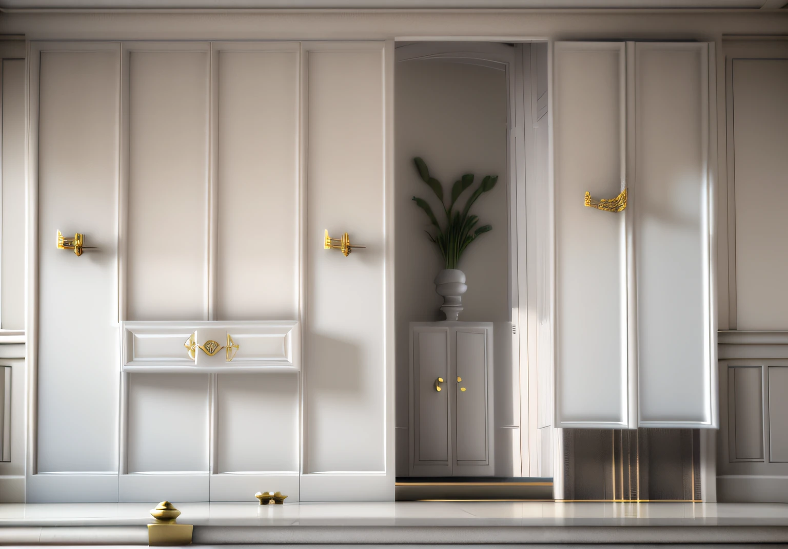Render 3D rendering,French style,Exquisite door panels,porch,Right arc hanging hanging cabinet,The door panels are white,Right levitation,There is a stone floor underneath,Do not gold handles,The floor is dark gray,The door panels are finely lined