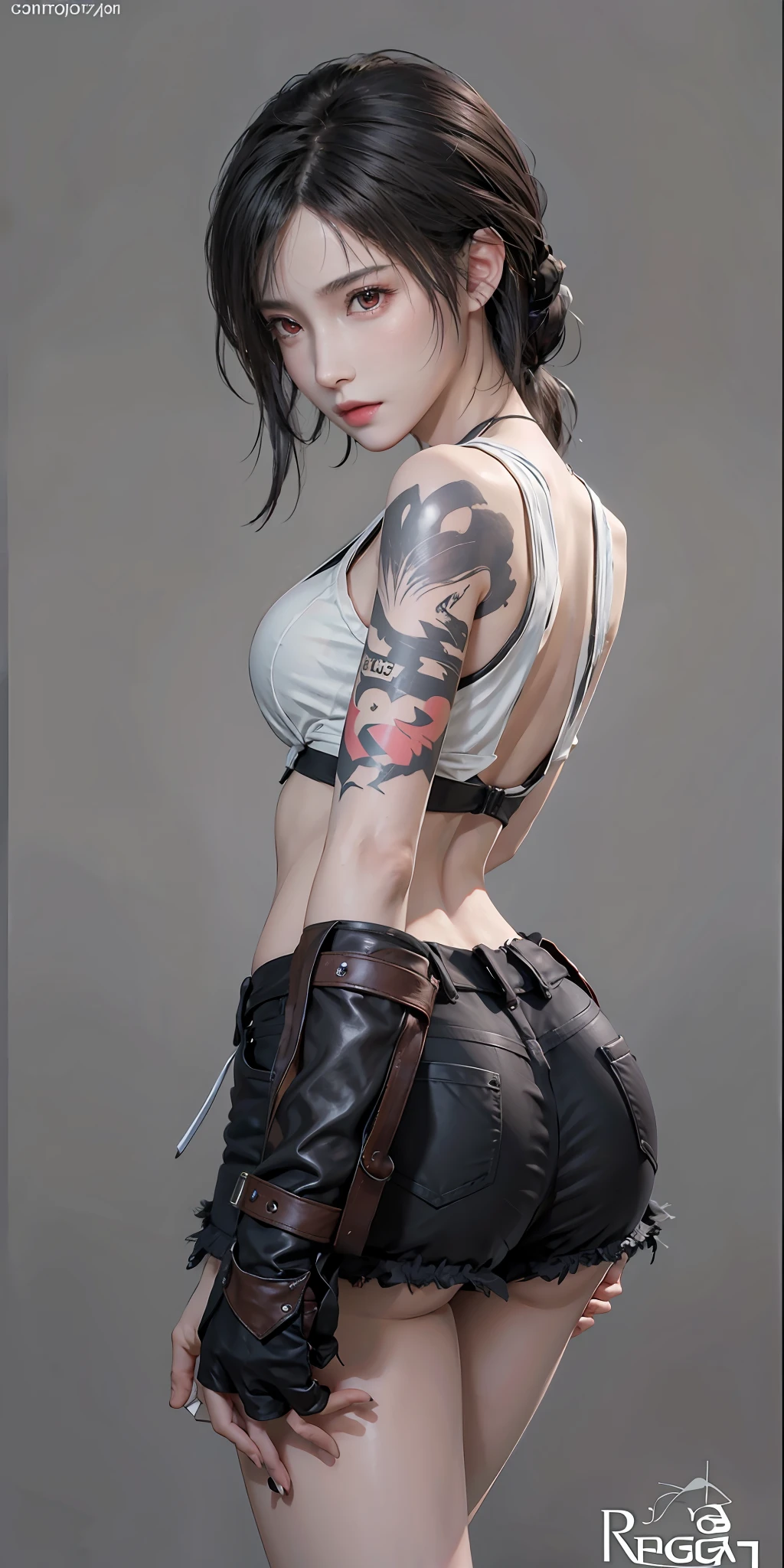photorealistic, high resolution, soft light,1women, solo, hips up, (detailed face),tattoo, jewelry, tifa lockhart, red_eyes, black hair, long hair