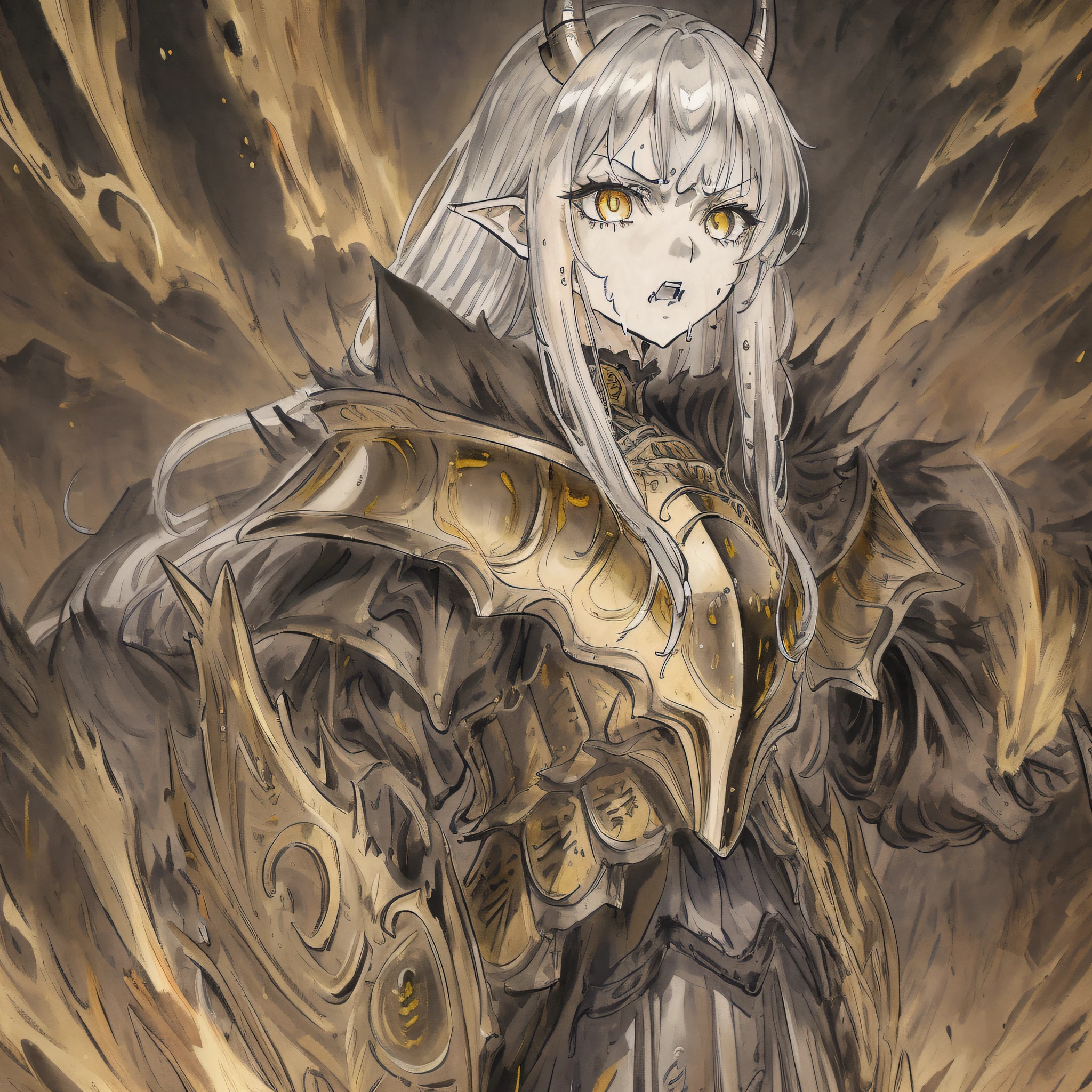 extremely detailed CG unity 8k wallpaper, (masterpiece), best quality, illustration, (1 girl), wet skin, expressionless, yellow eyes, (anger), horns, (silver armor), metal, complex pattern, corner, cape, indifference