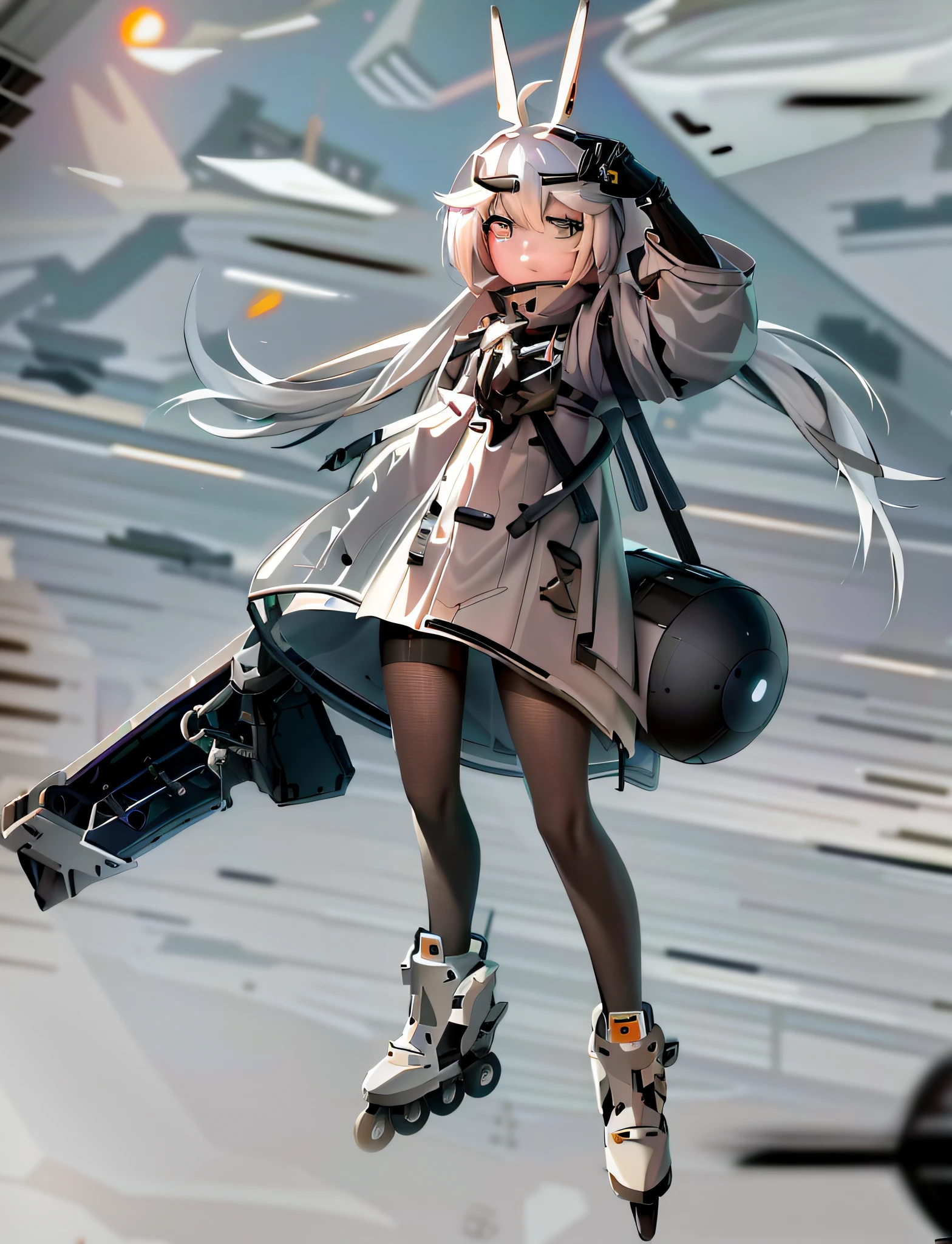 A woman in a white dress holds a yellow and black object, A scene from the《azur lane》videogame, azur lane style, from girls frontline, From Arknights, Fine details. Girl Front, girls frontline style, Mechanized Valkyrie girl, lunar themed attire, 《azur lane》role, Kantai collection style, girls frontline universe, Mechanized soldier girl fights fiercely in a city that has become a wasteland。Explosions are occurring on all sides，People fled in panic。 The city used to prosper，Now in ruins。The window glass of a high-rise building is broken，A terrible situation can be seen from the inside。Destroyed vehicles are scattered across the streets，buildings collapsed，Piles of rubble were scattered all over the place。 Combat starts from nothing，And more and more intense。Robots destroy buildings with their powers，Blowing up vehicles and crushing roads。There were explosions everywhere，Smoke rises，sparks flying。 People are in a state of panic，Escape。They desperately try to protect themselves，Hide in the corners of buildings or alleys，Dodge attacks from robots。Sin embargo，The attacks did not stop，They continue to be casualties。 The appearance of the robot is unimaginably destructive。They carry huge weapons，Release flames or lightning strikes，And there is enough force to shake the ground。Once they find people，They will start attacking mercilessly。 The city has been completely thrown into chaos，Everyone does not know what to do。How long will this last？They continue to fight for survival，Hopefully, help will come soon。