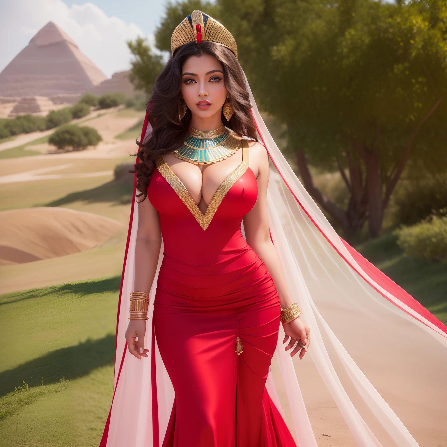 High quality, Egyptian Princess , large breast, curly long hair, perfect body, standing on hill, full close up, red Lipstick, sedative, flower in head, 8k, sexy dress, blue eyes, beautiful godness, divine godness, full body, photorealistic full body shot,