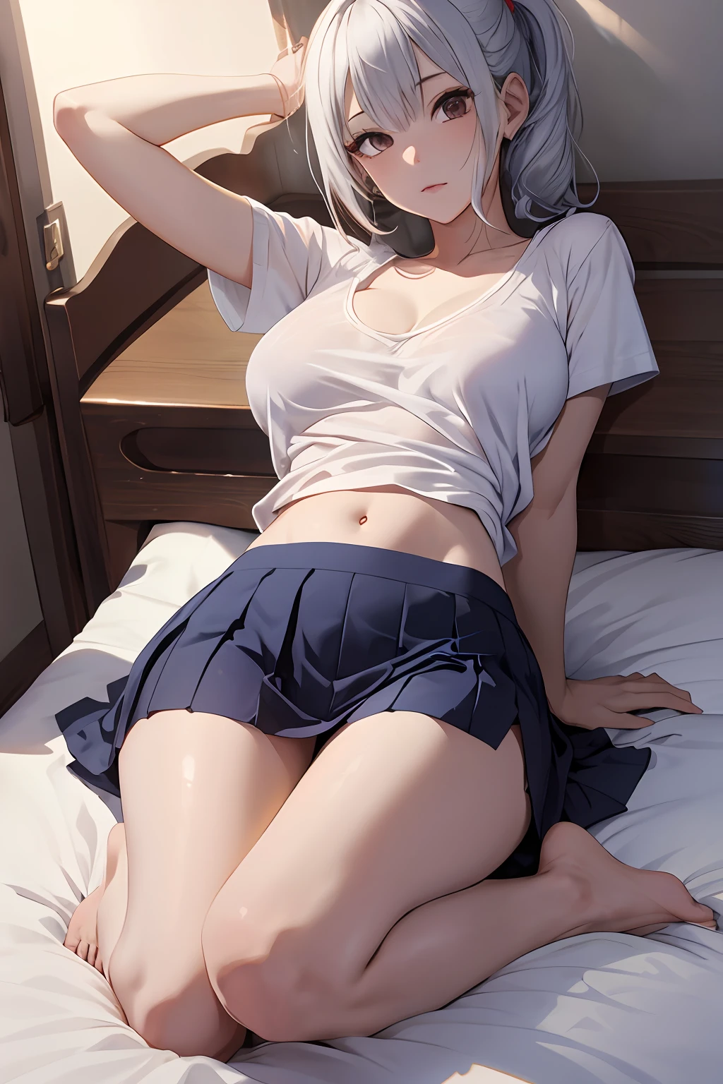 1girl in、shinny skin、Dignified、(Shoku、Red cheeks)、boredom、Silvery hair、Short ponytail、ample breasts、Detailed details、Beautuful Women、Slender body、Emphasizes the lines of the body、Bare surface、Very transparent、Dark blue skirt、white t-shirts、Loose shirt、sit on a bed、relax、beautiful foot、Footboard beauty、lie down