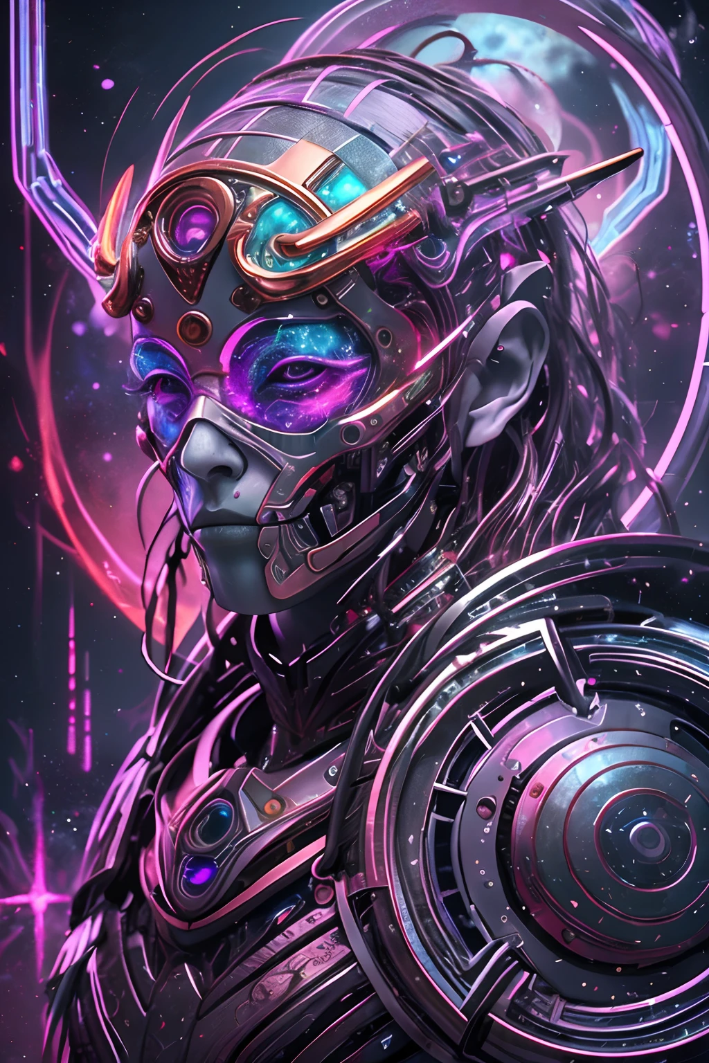 bioluminic [sh4g0d:0.6], helix portal, portrait, [fluorescent hair:0.7], galactic cybernetic mask