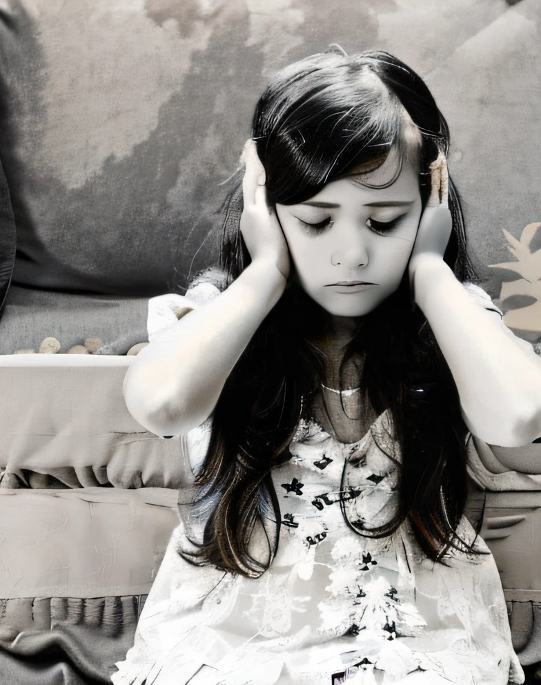 There was an 8 year old girl sitting on the bed,Cover your ears with your hands,hear no evil, concerned expression, & her expression is solemn, sadness, shrug, I want to cry,looks sad and solemn, with a sad expression, Tinnitus, Unhappy, black andwhite, beautiful lovely, Sad expression, sadness personified,interior scenes,Gray wallpaper on background,Leaning against the headboard cushions