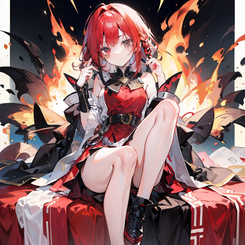 Against the background of the fire element,Big red hair,With a long braid,Wear a magical red checkered dress,The legs are worn with knee-length black silk