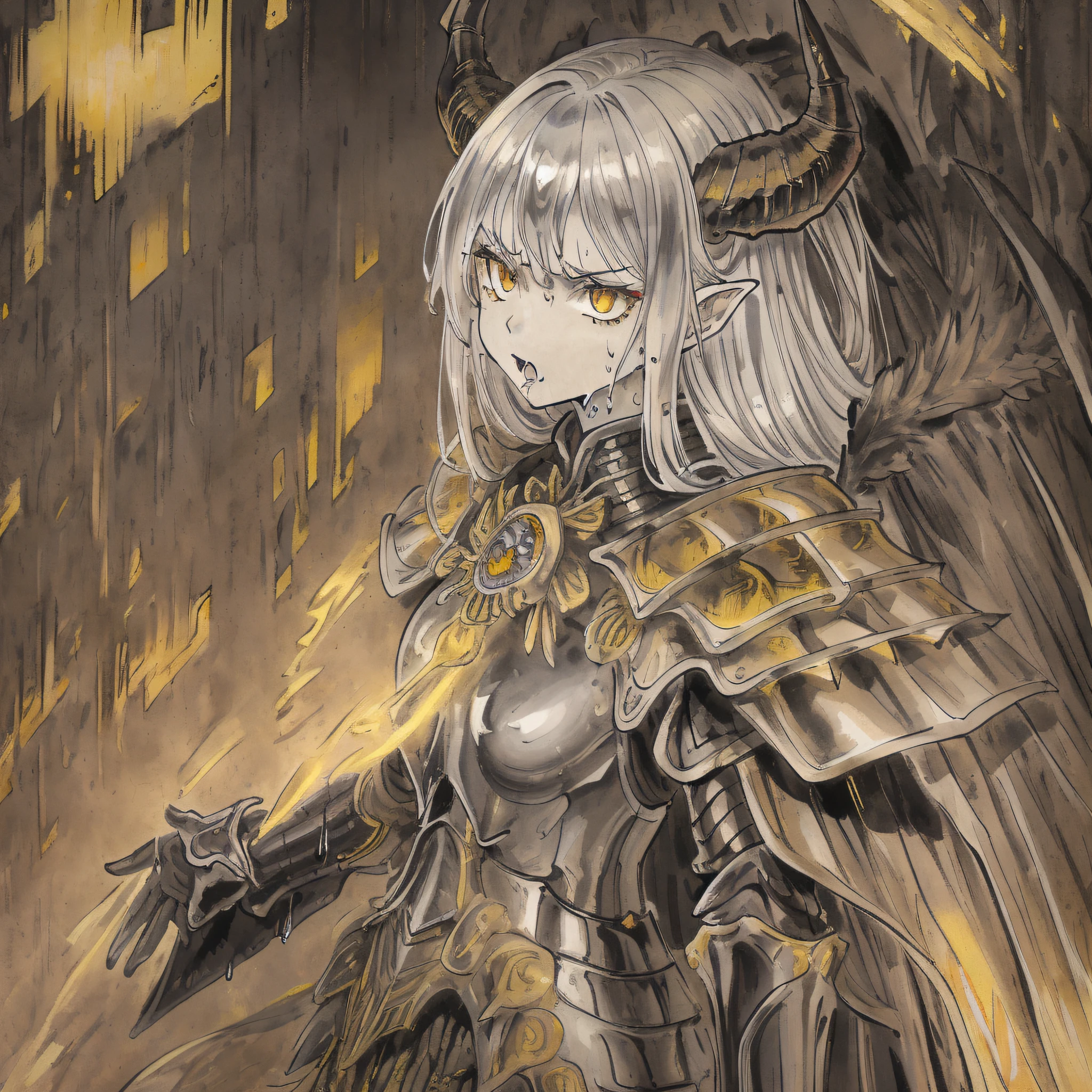 extremely detailed CG unity 8k wallpaper, (masterpiece), best quality, illustration, (1 girl), wet skin, expressionless, yellow eyes, (anger), horns, (silver armor), metal, complex pattern, corner, cape, indifference