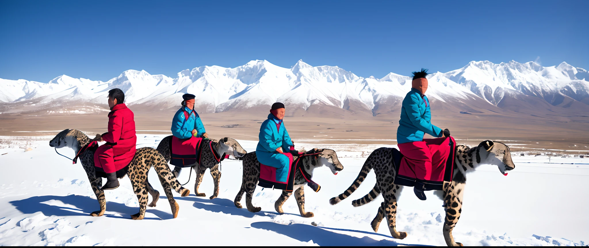 impactful feeling,Tibetan clothing is shorter, and young men have darker hair,Riding snow leopards as big as horses on the steppe are condescending,The lens is farther away