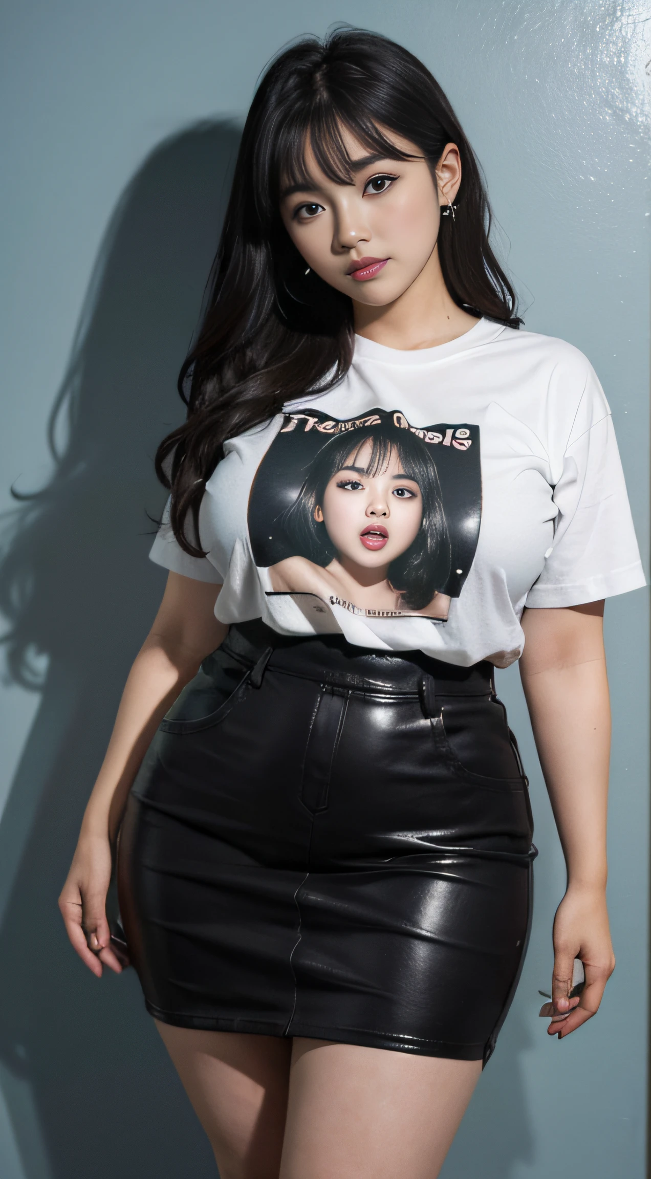 ​masterpiece、chubby figure、beautiful countenance、tre anatomically correct、Wearing a cute t-shirt and skirt、Double eyelids、Fancy makeup、独奏、fullllbody、top-quality、4Ｋ、clong legs、Textured skin、Look at me、surrealistic、