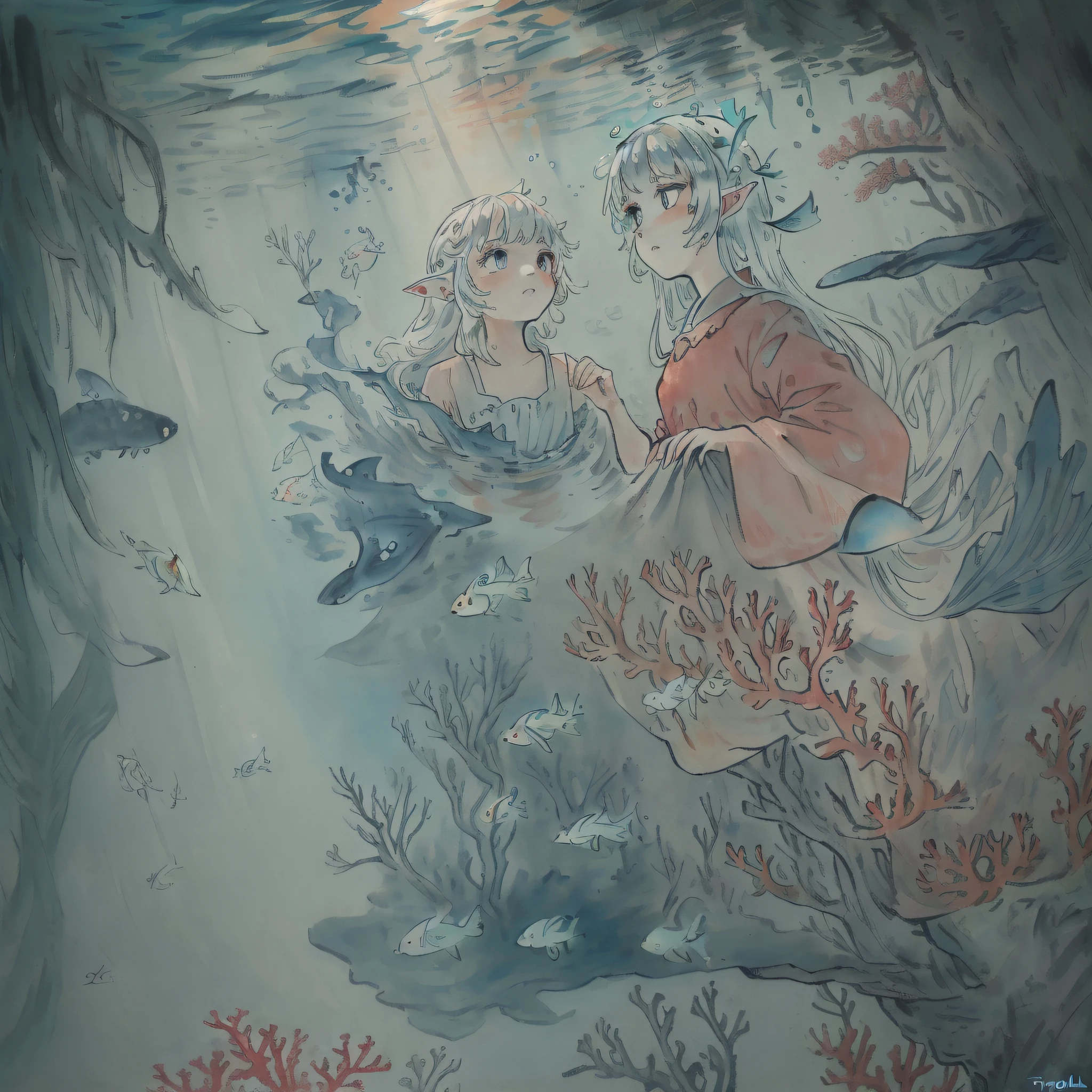(((masterpiece))),(((best quality))),((ultra-detailed)),((underwater)),(illustration),(beautiful detailed water),((coral)),open tuck,((extremely delicate and beautiful girls)),dynamic angle,floating,(beautiful detailed eyes),(detailed light),(loli),floating hair,glowing eyes,pointy ears,(splash),underwater),((fishes)),white hair,green right eye,iceblue left eye,leaves dress,feather,nature,(sunlight),(underwater forest),(painting),(bloom),(detailed glow),drenched,seaweed,fish,(((Tyndall effect))),face to face