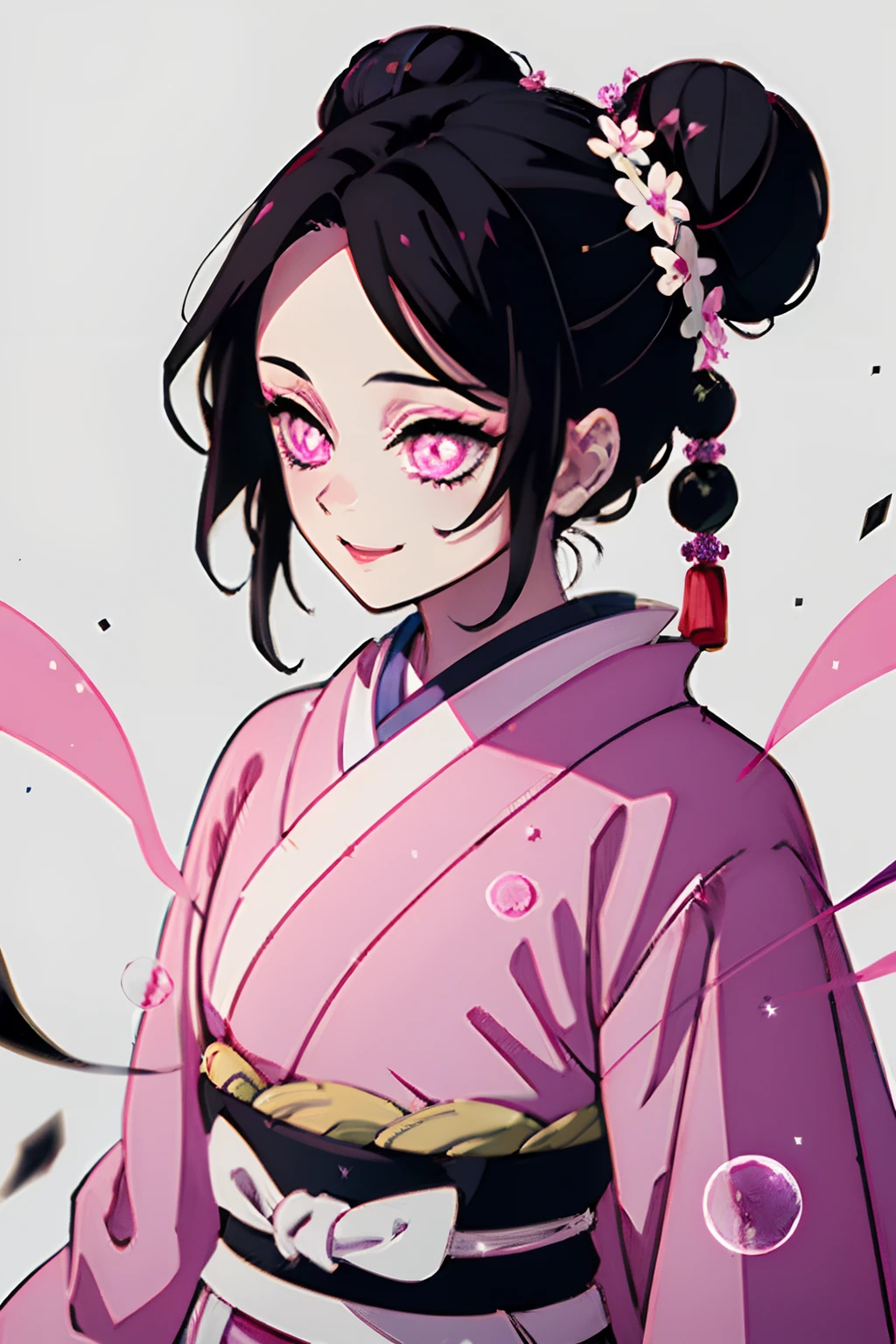 Kimetsu no Yaiba style, 1girl, 独奏, Smile, pink eyes, white pupils in the shape of flowers, black  hair, hair gathered in a bun, Fastened with a stud,  pink kimono, Obi Belt,   ((portraite of a)), snowing, Drifts, dark sky, Snowflakes fall, (tmasterpiece), (beste-Qualit), (overdetalization),(messy  hair),(illustartion), (a 1girl), (trendy clothes), stands, Model, looks at the viewer, (interview), (Simple background), beautiful detail eyes, Gentle beautiful face, soaring, (high saturation), (Colorful splashes), Colorful Bubble, (radiance), facial focus, (radiance), better lighting, better shadow, (tmasterpiece, hiquality, beste-Qualit)