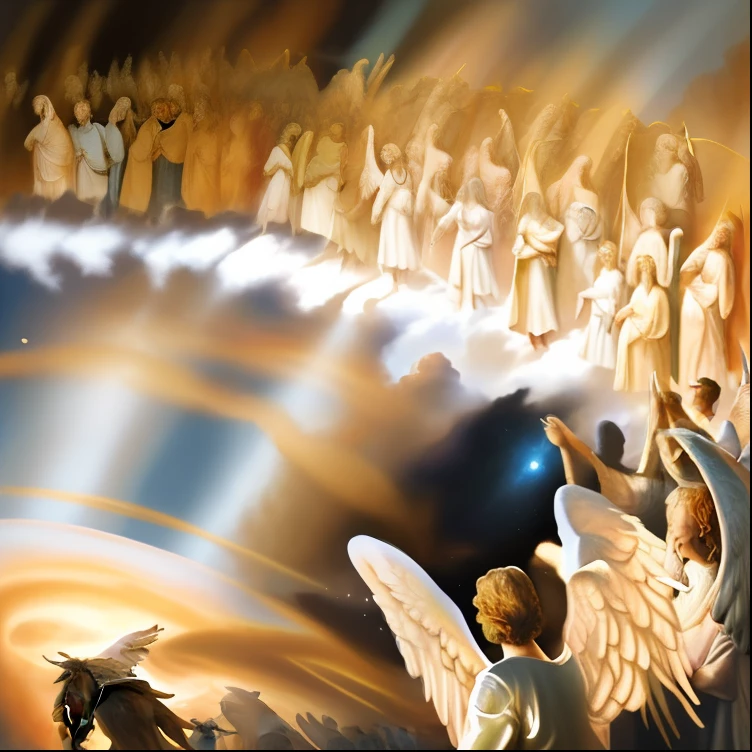 a painting of a group of angels standing in front of angels, heaven on earth, angels in the sky, heaven!!!!!!!!, anjos biblicamente precisos, epic biblical representation, Segunda vinda, many beings walking about, angels protecting a praying man, arrebatamento celestial, some cosmic angels, O Arrebatamento, reino divino dos deuses