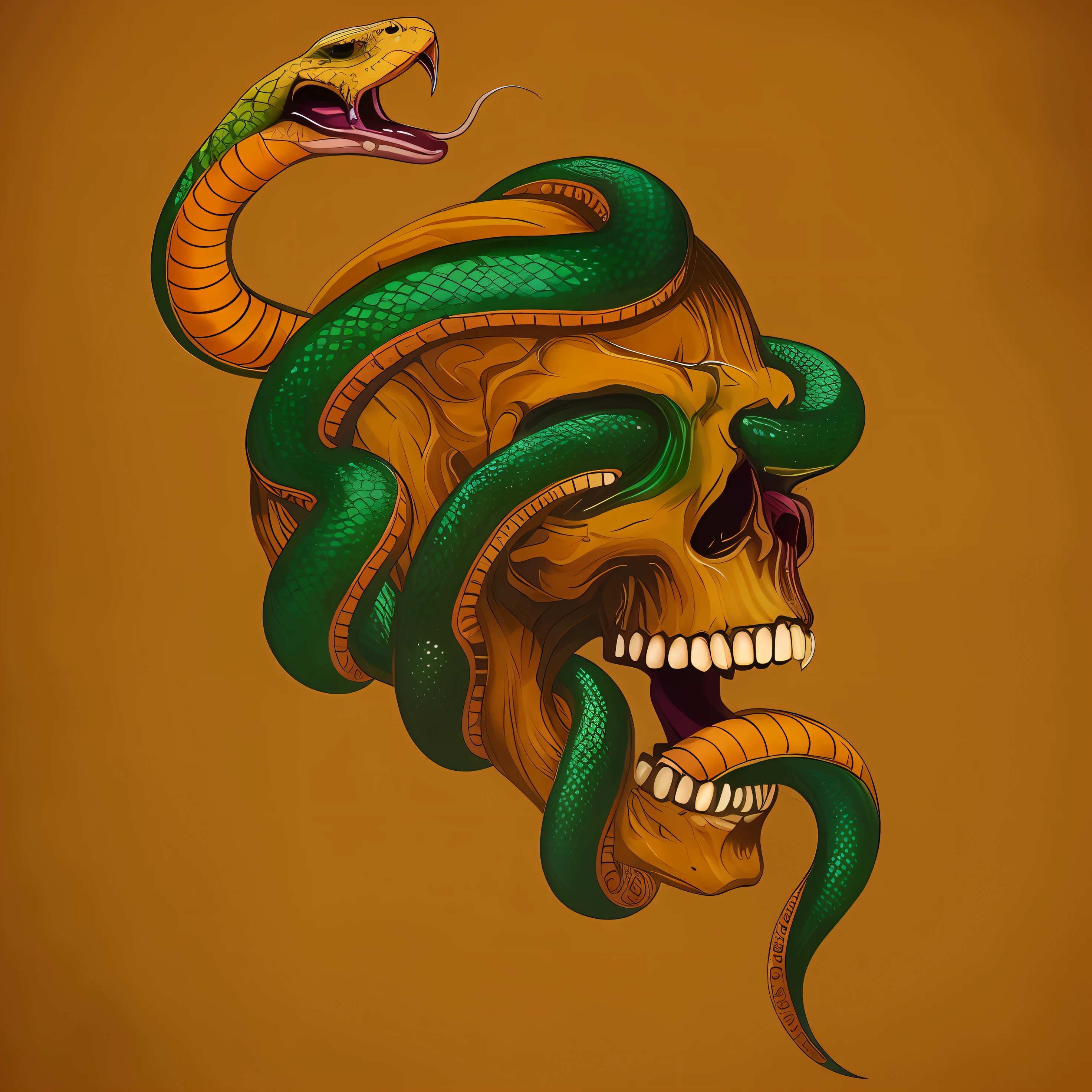 a skull with a snake on its head and a snake in its mouth, snake heads, snake head, with the head of a snake, misturado com cobra, com cobras para cabelo, snake is surrounding them, colorful illustration for tattoo, cobras para cabelo, cobras altamente detalhadas, cobras no cabelo, arte detalhada assustadora em cores, cobras verdes, esqueleto da cobra, arte da cobra