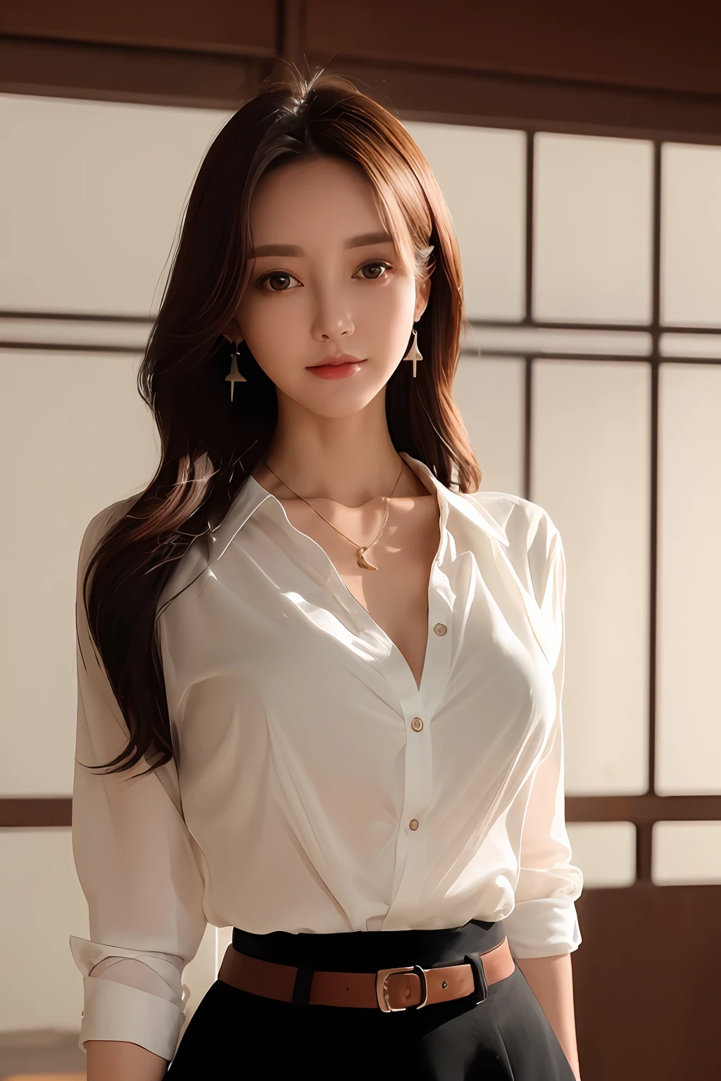 high resolution,masterpiece,best quality,Extremely detailed,Full body photo,1 Girl,Beautiful Secretary,Wearing professional attire,Round chest,Half Open White Translucent Button-Down Shirt,Black Silk,High heel,Eyes Focus,Long legs,Full body image,Realistic details,So-colored hair,sweet smile,delicate and white skin,Exquisite and perfect facial features,Detailed facial features,Elegant posture,Room,Beautiful lighting,Soft and graceful temperament,Facial lighting,Hyper-displayism,Realistic details,masterpiece,Brilliant Beauty,A peerless beauty,Full body shot,Full body image,8K resolution,