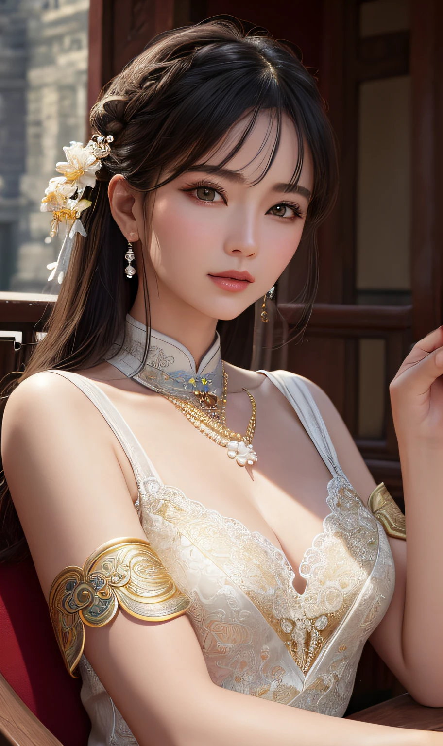 8K Ultra HD, Masterpiece, Best quality, A beautiful girl, Long hair, Impressive hairstyle, Royal hair jewelry, Nice and cute face, Flawless face, jewelry earrings, Antique jewelry, details eyes, Beautiful eyes, meticulous makeup, Thin eyebrows, Beautiful red lips, d-cup breasts, White mesh socks, Thin white silk shirt,There are many white patterns, White lace shirt, Long bangs and a long platinum white ponytail, Realistic colors, Magic effects, ancient hanfu background, head straight-looking at viewer, Sitting, Full body capture,