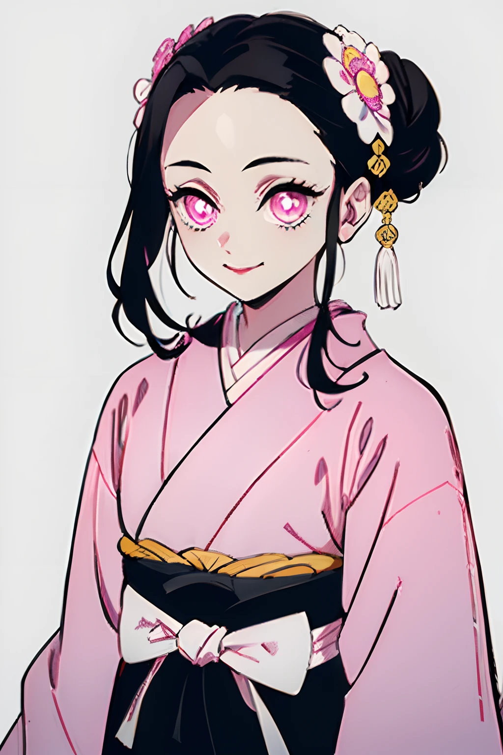 Kimetsu no Yaiba style, 1girl, 独奏, Smile, pink eyes, white pupils in the shape of flowers, black  hair, hair gathered in a bun, Fastened with a stud,  pink kimono, Obi Belt,   ((portraite of a)), snowing, Drifts, dark sky, Snowflakes fall, (tmasterpiece), (beste-Qualit), (overdetalization),(messy  hair),(illustartion), (a 1girl), (trendy clothes), stands, Model, looks at the viewer, (interview), (Simple background), beautiful detail eyes, Gentle beautiful face, soaring, (high saturation), (Colorful splashes), Colorful Bubble, (radiance), facial focus, (radiance), better lighting, better shadow, (tmasterpiece, hiquality, beste-Qualit)