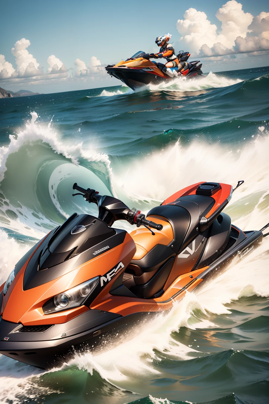 Small sea jet skis，finedetail，vintagestyle，4k，VR rendering，hentail realism，Multi-angle display