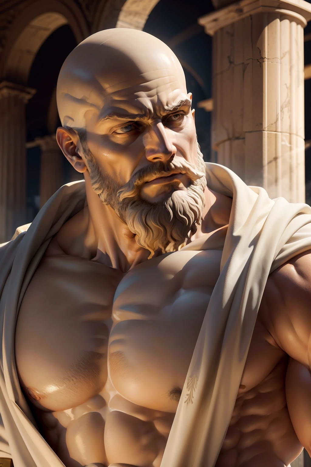 marble sculpture, stoicism, divine, rustic textures, high detailed, greek god, bald head, bearded, thoughtful, muscular, greek robes, greek architecture background, professional photography, close up, masterpiece, cinematic lights and shadows, increased contrast