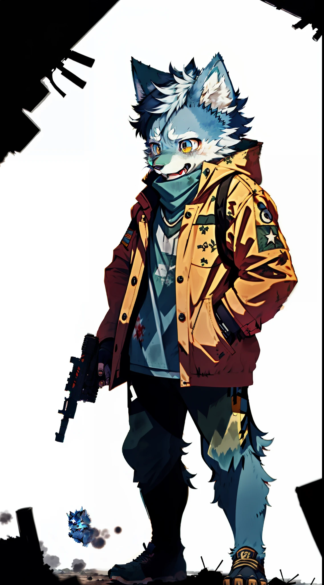 A blue furry wolf, clothed in military armor, holding a gun in her hand, Standing on a battlefield filled with gunfire, bloodshot eyes, open mouth, sad, crying, heavy breathing, disappointed, despair, frustrated, sobbing