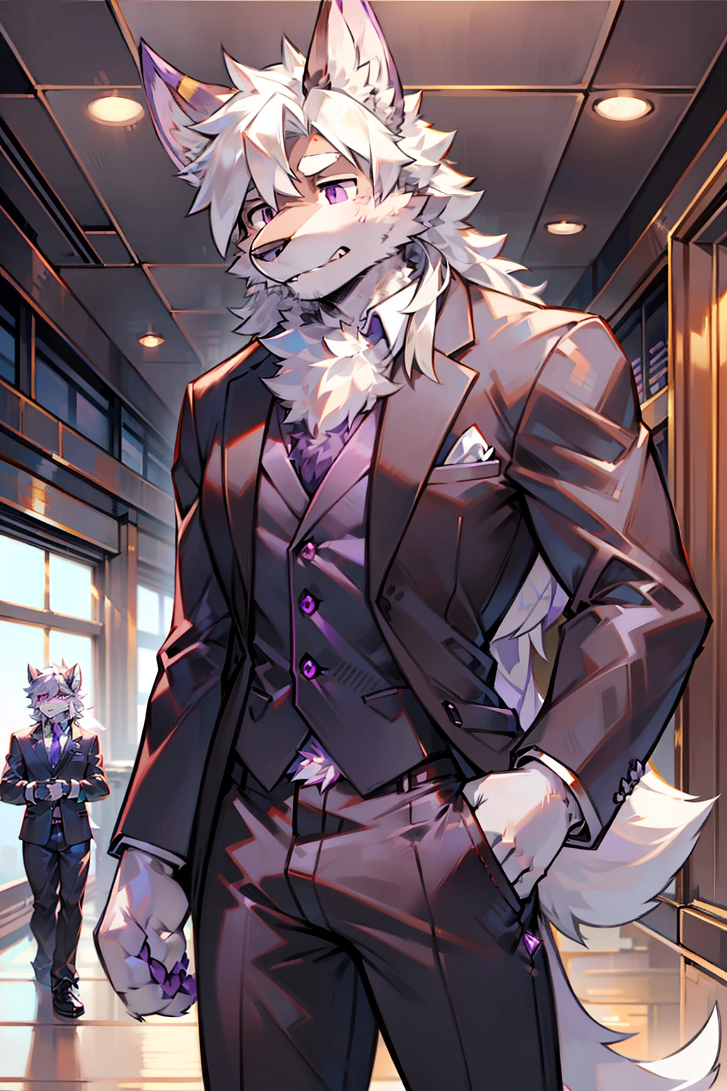 solo person,shaggy male,hairy bodies,shoun,coyote,canid,grey fur,Long white hair,The ends of the hair are purple,Purple eye,Bind your hands,Bullied,adolable,Handsome,large tail,full bodyesbian,Business suit,in company,Pushed down