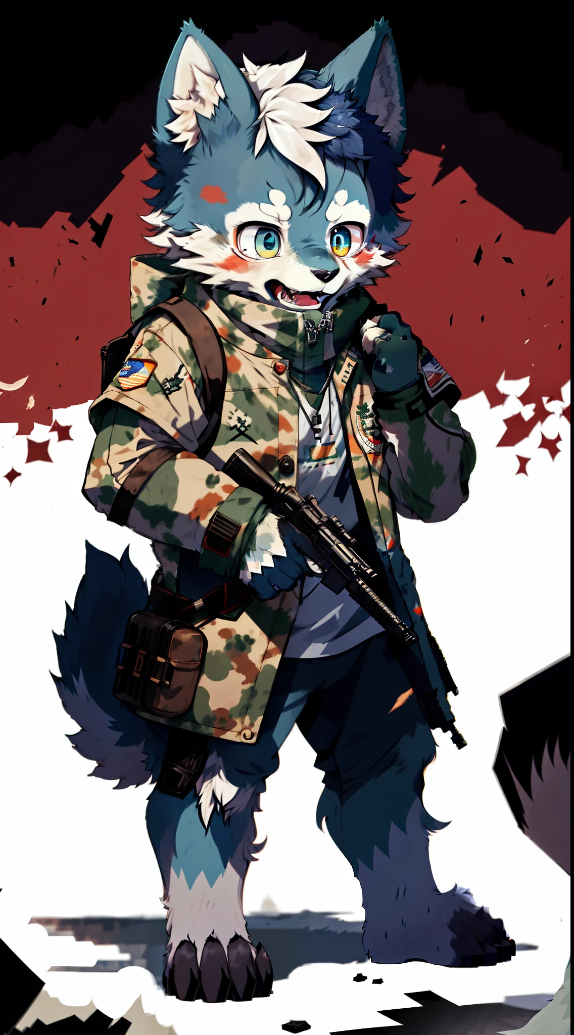 A blue furry wolf, clothed in military armor, holding a gun in her hand, Standing on a battlefield filled with gunfire, bloodshot eyes, open mouth, sad, crying, heavy breathing, disappointed, despair, frustrated, sobbing