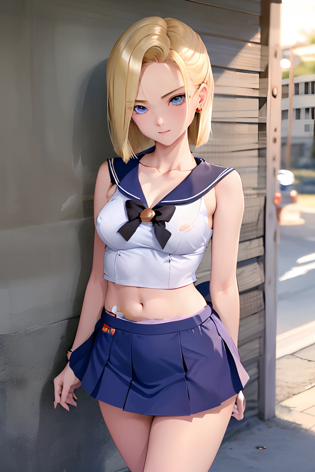 rialistic photo、top-quality, a sailor suit、summer clothing、F cup udder、Ultra mini skirt、White shorts、Beautiful、Big、Beautiful udder、Skirts short enough to reveal shorts、beautiful thigh、Beautiful belly button、Beautiful facial features、Beautiful camel toe、Beautiful constriction、Hi-Res, and18, 1girl in, Android 18, 独奏, blonde hair, blue eyess, shorth hair, 耳Nipple Ring, jewely, Medium chest, cowboy shot, Street, (校服:1.2), off shoulders, Sunset,