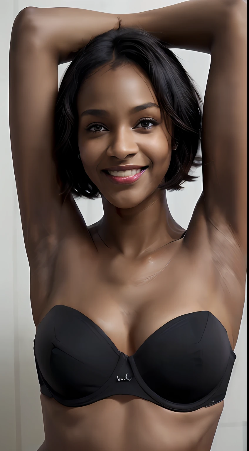 ((The blackest black skin!、Armpit、shiny blackest skin!、 Black armpits、Pitch black skin like a black man!、Pitch black armpit skin!、Realistic armpit wrinkles、Glossy armpits、improve the appearance of armpits、Armpit、Take a pose with armpits visible、Full body close-up、Detailed black shiny armpits、Realistic black shiny armpits、Sweaty and glowing body、Detailed armpit wrinkles、full of sweat、Black detailed black armpits、Very black skin color、Caucasian and half-very dark-skinned woman、Black skin beauty、Black skin、Glossy armpits、Stand in the woods and show your armpits、Dark-skinned woman in black strapless bra, Smiling))、(Short hairstyle、Caucasian and very black dark-skinned woman、8K、Caucasians with very dark skin)、Underwear models,, ((Black Strapless Bra、Black Panties、 14years、Women with the darkest skin))、Photorealistic perfect body、Armpit pose is standing normally、closeup picture, Best Quality, Armpits, Arms up, White bra、 at a forest、short-haired、Realistic, 8K、Glossy armpits、glowy skin