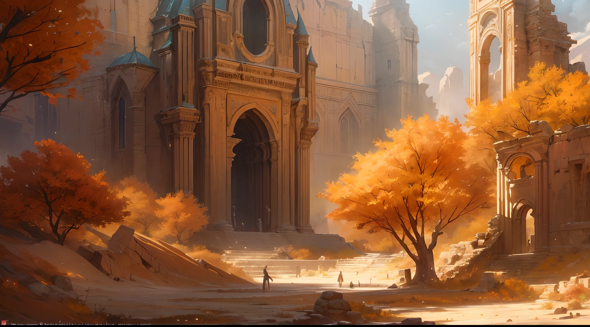(by Greg Rutkowski: 1.2), (masterpiece), (best quality), extremely delicate and beautiful, illustration, (fantasy landscape), scorching desert, (majestic ancient ruins), (elven ruins), elven architecture, elven statue, ethereal beauty, gigantic structure, vibrant colors, dreamlike scenery, depth of field, HDR, intricate, delicate