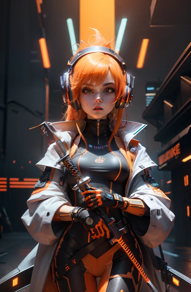 3d, background detail, body neon detail, headphones, female, slim body, cute face, beautiful face, crown, orange hair, orange neon body, cyberpunk, sword, pretty woman