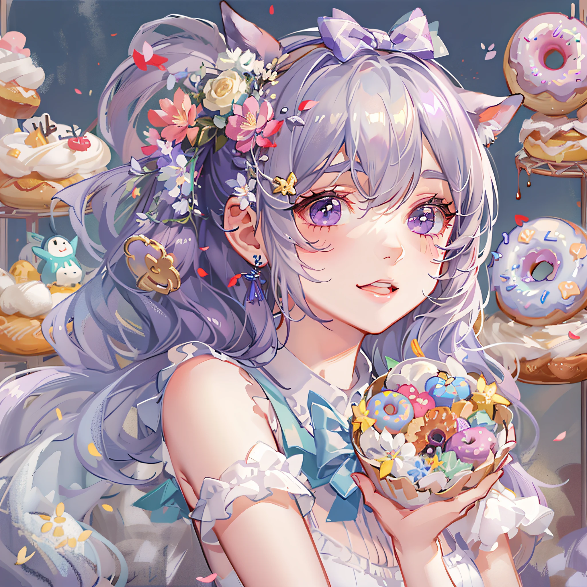 1 girl, Pale skin, Purple eyes, eyebrow, Ear, Lips, short blouse, Colorful hair，dual horsetail，Bow hair ornament，There are flowers on the head，Naughty，Confectionery，having fun，rejoice，All kinds of sweets，donut，