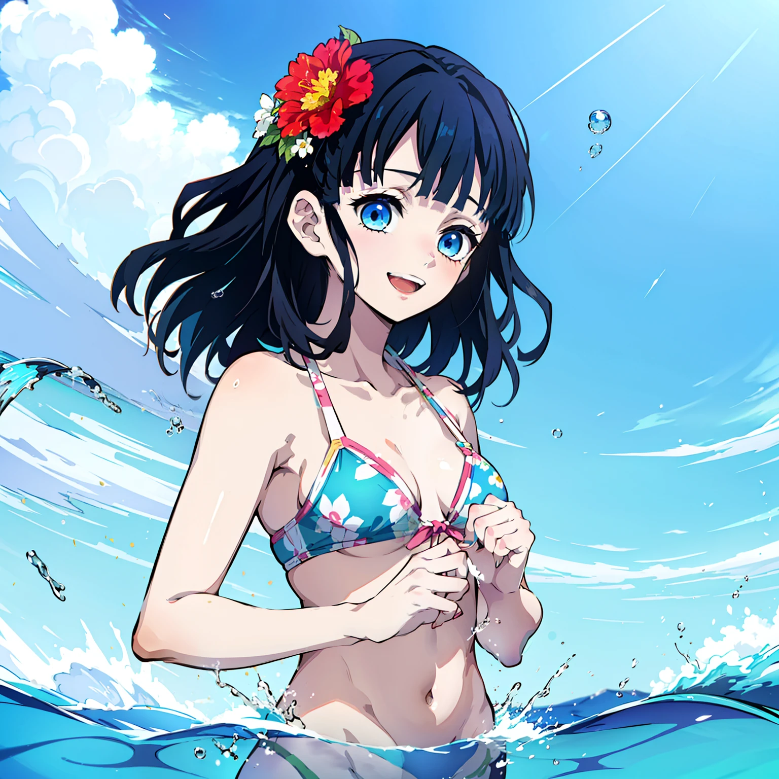 1girl, bathing suit, Jewelry, bikinis, Smile, little chest, blusher, open mouth, hetero, Cloud, Hair Flower, couple, flower, Kimetsu no Yaiba style, 1girl, Medium curly hair, Sloppy hair, navy blue hair, Two curly strands in front, Bangs, blue eyes, (tmasterpiece), (beste-Qualit), (overdetalization),(messy hair),(illustartion), (a 1girl), (trendy clothes), stands, Model, looks at the viewer, (interview), (Simple background), beautiful detail eyes, Gentle beautiful face, soaring, (high saturation), (Colorful splashes), Colorful Bubble, (radiance), facial focus, (radiance), better lighting, better shadow, (tmasterpiece, hiquality, beste-Qualit)